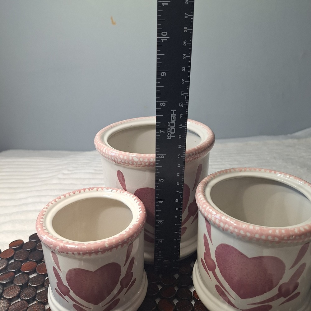3 Pc Pink Heart Sponge Ware Ceramic Canisters Cottage Country Kitchen 90's - Picture 7 of 12